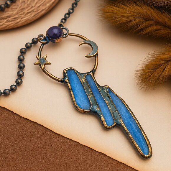 Boho Chic Kyanite & Amethyst Crescent Moon Star Pendant Vintage Necklace ๐โจ - Picture 9 of 12